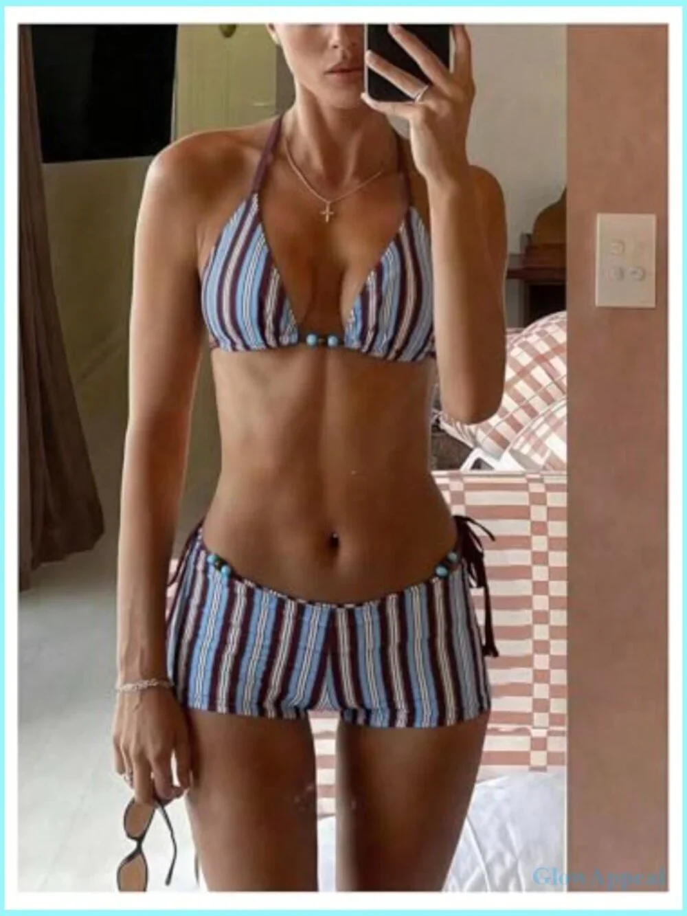 Y2K Striped Triangle String Bikini Set with Cover Up Shorts
